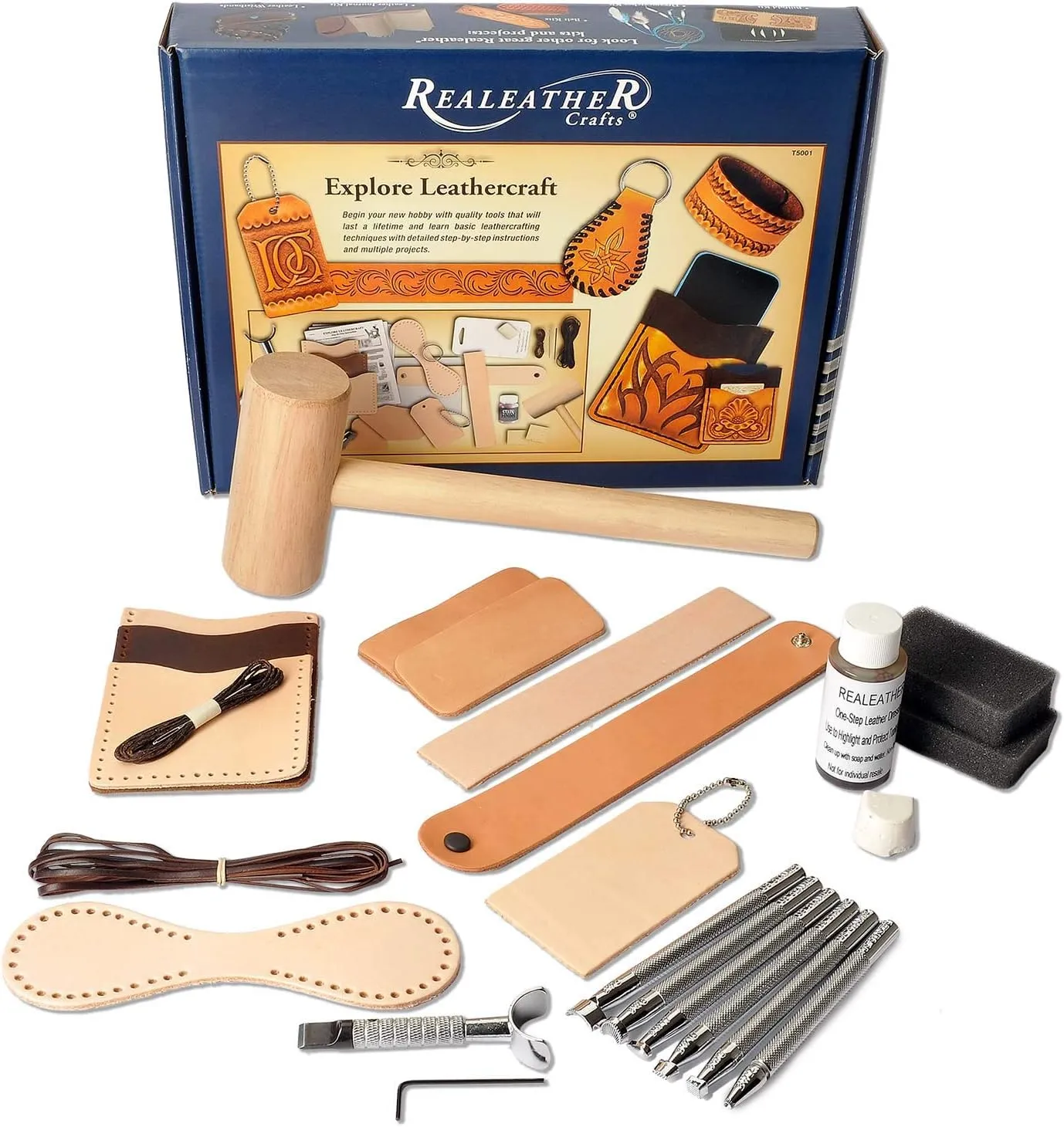 Realeather Basic Leather Craft Starter Kit - Basic Tools and Leather to Make a Key Fob, Bag Tag, Wristband, Cell Phone and Card Sleeve