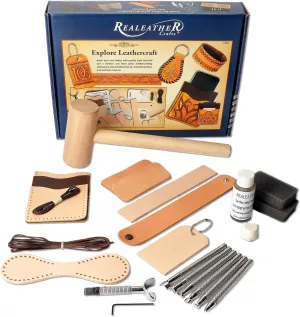 Realeather Basic Leather Craft Starter Kit - Basic Tools and Leather to Make a Key Fob, Bag Tag, Wristband, Cell Phone and Card Sleeve
