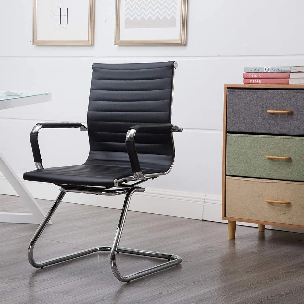 Reception Chairs No Wheels Leather Conference Chair Heavy Duty Back Support Office Guest Chair, Set of 2 (Black)