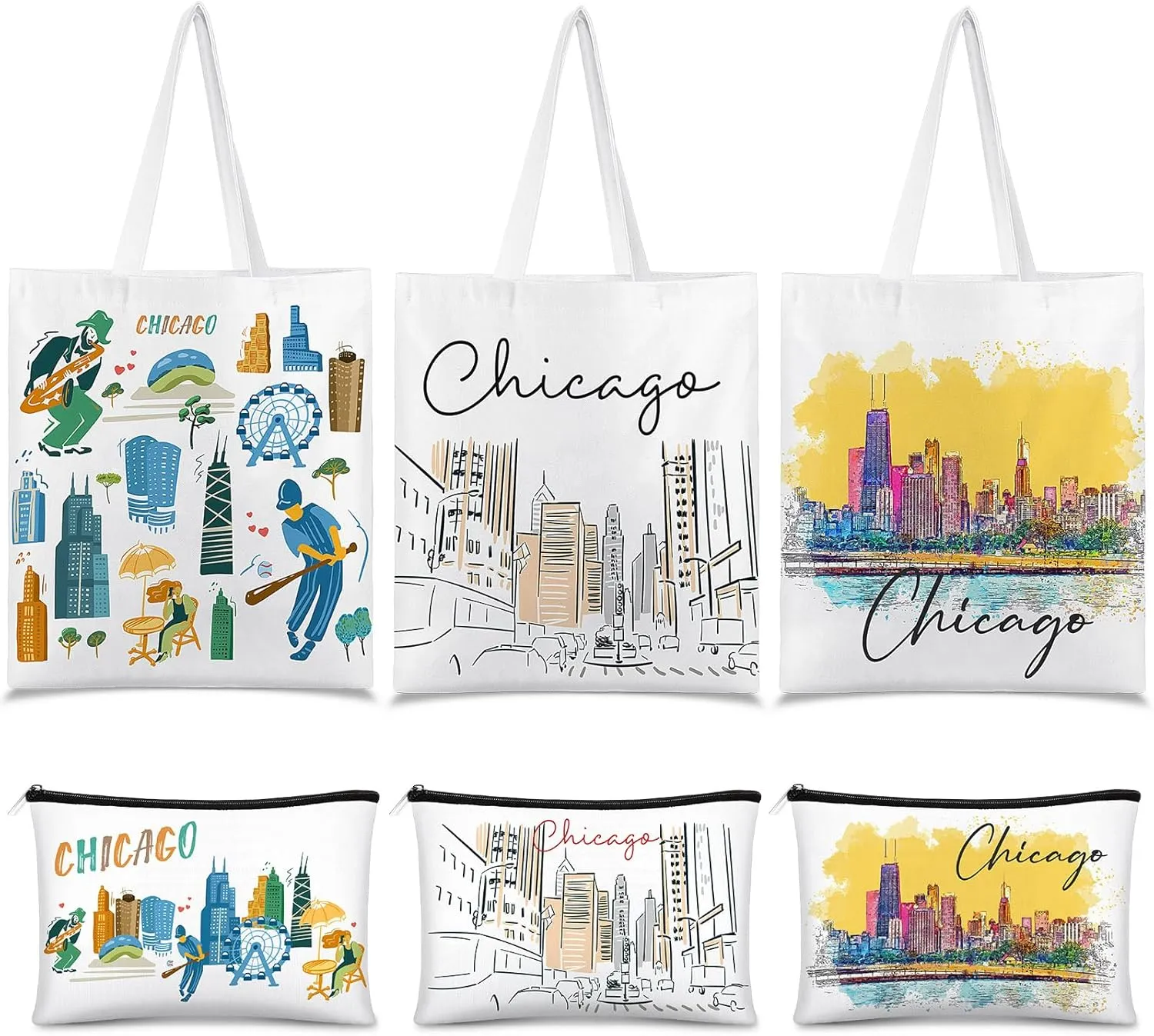 Reginary 6 Pcs City Souvenirs Gifts New York Italy Chicago Seattle Los Angeles Souvenir Canvas Tote Bag Cosmetic Bag Women(Chicago)