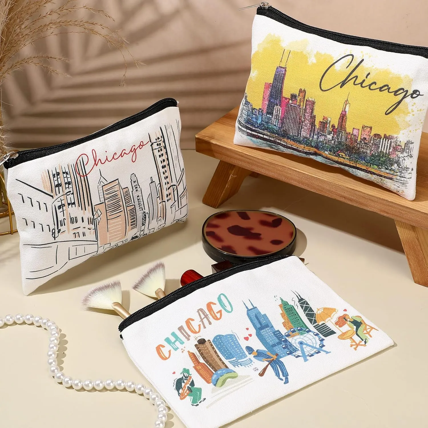 Reginary 6 Pcs City Souvenirs Gifts New York Italy Chicago Seattle Los Angeles Souvenir Canvas Tote Bag Cosmetic Bag Women(Chicago)