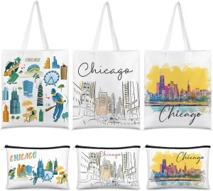 Reginary 6 Pcs City Souvenirs Gifts New York Italy Chicago Seattle Los Angeles Souvenir Canvas Tote Bag Cosmetic Bag Women(Chicago)