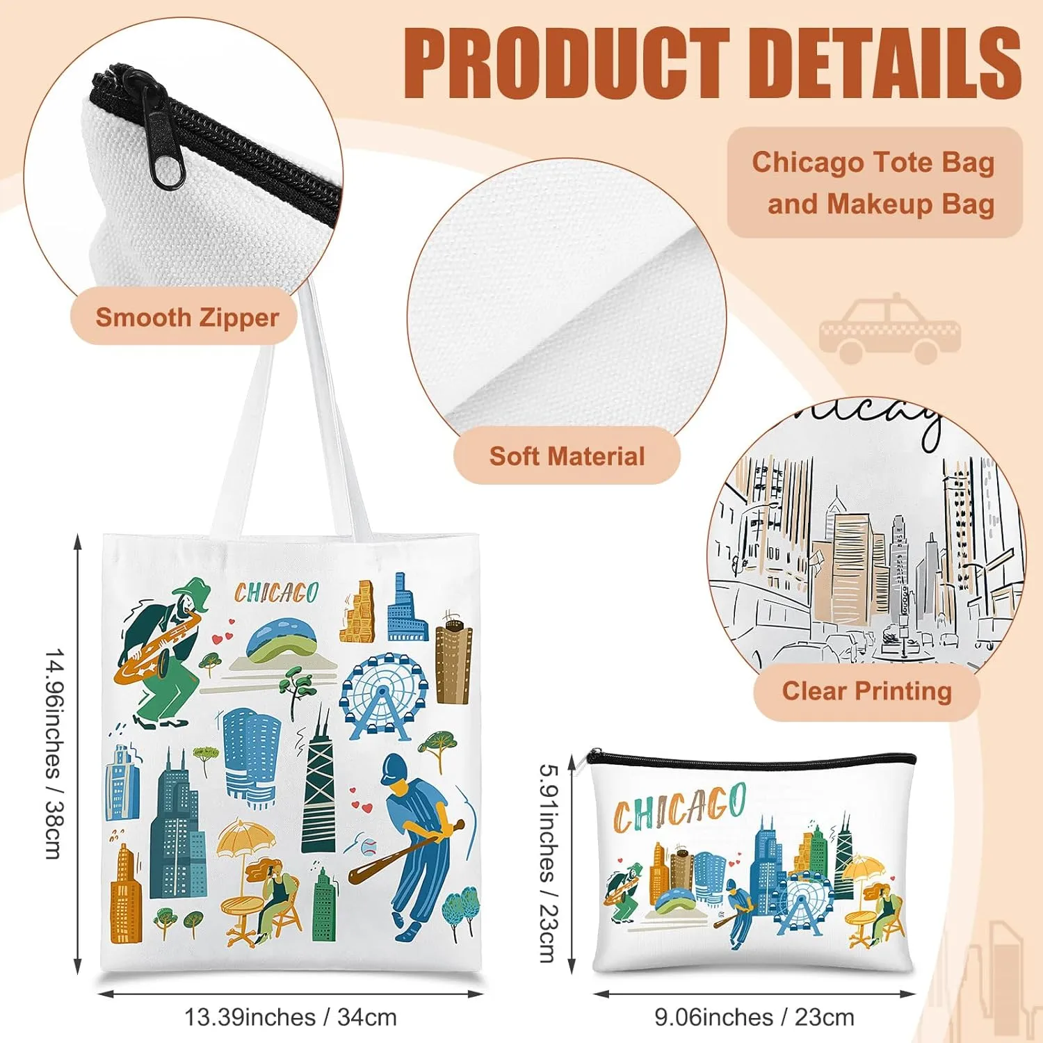 Reginary 6 Pcs City Souvenirs Gifts New York Italy Chicago Seattle Los Angeles Souvenir Canvas Tote Bag Cosmetic Bag Women(Chicago)
