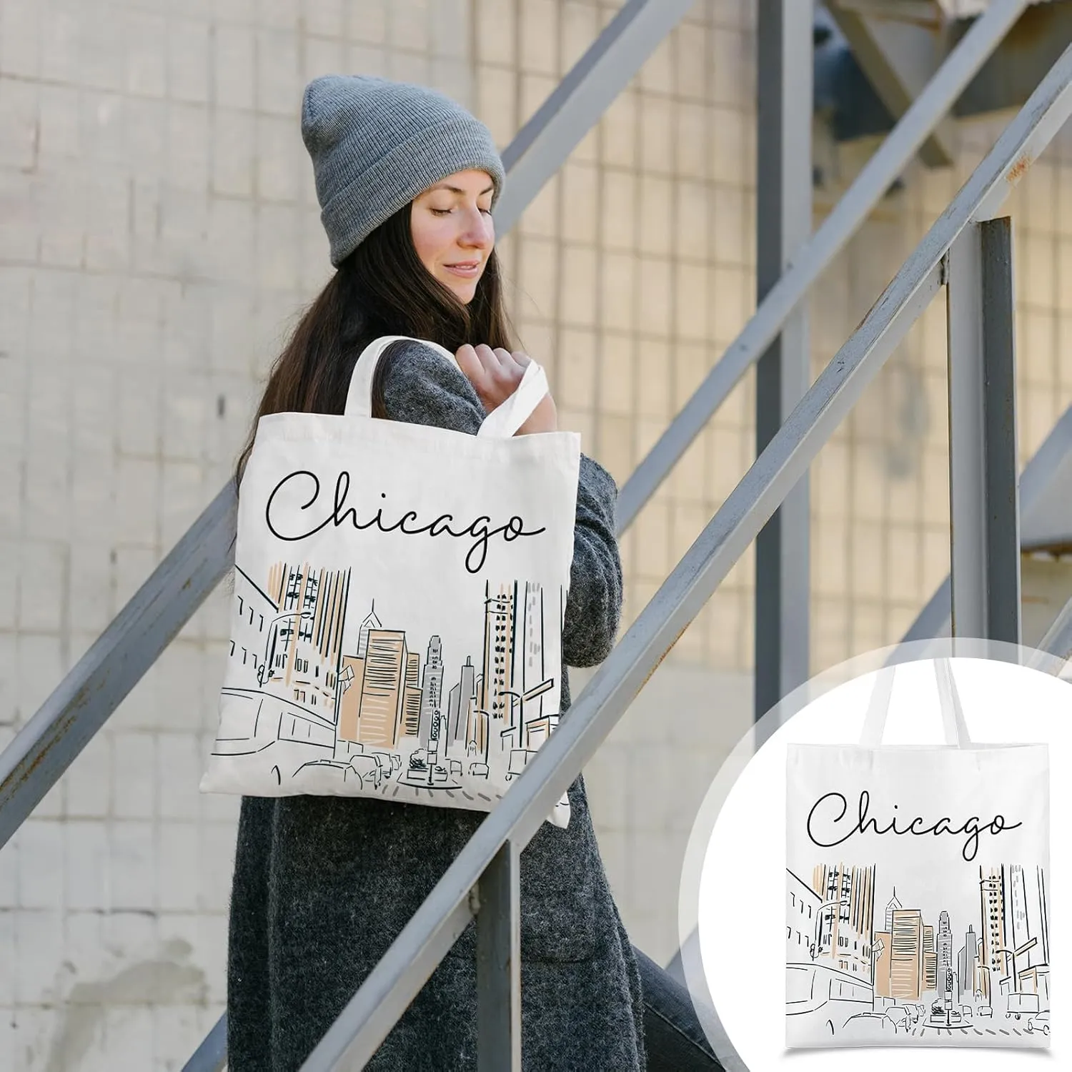 Reginary 6 Pcs City Souvenirs Gifts New York Italy Chicago Seattle Los Angeles Souvenir Canvas Tote Bag Cosmetic Bag Women(Chicago)