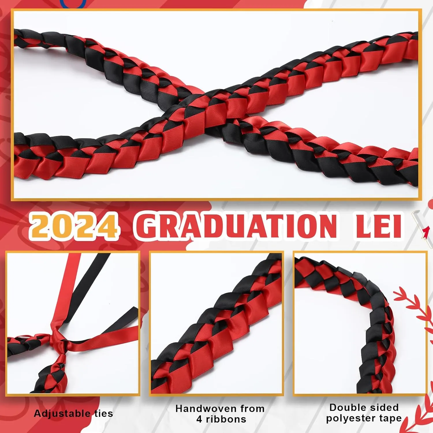 Remuuly 2 Pcs Graduation Leis 2025 Graduation Ribbon Lei Hawaiian Kukui Nut Lei Braided Necklace Beads Necklaces 2025 Graduation Gifts Party Accessories for Women and Men