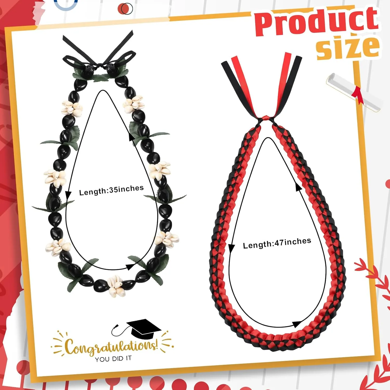Remuuly 2 Pcs Graduation Leis 2025 Graduation Ribbon Lei Hawaiian Kukui Nut Lei Braided Necklace Beads Necklaces 2025 Graduation Gifts Party Accessories for Women and Men