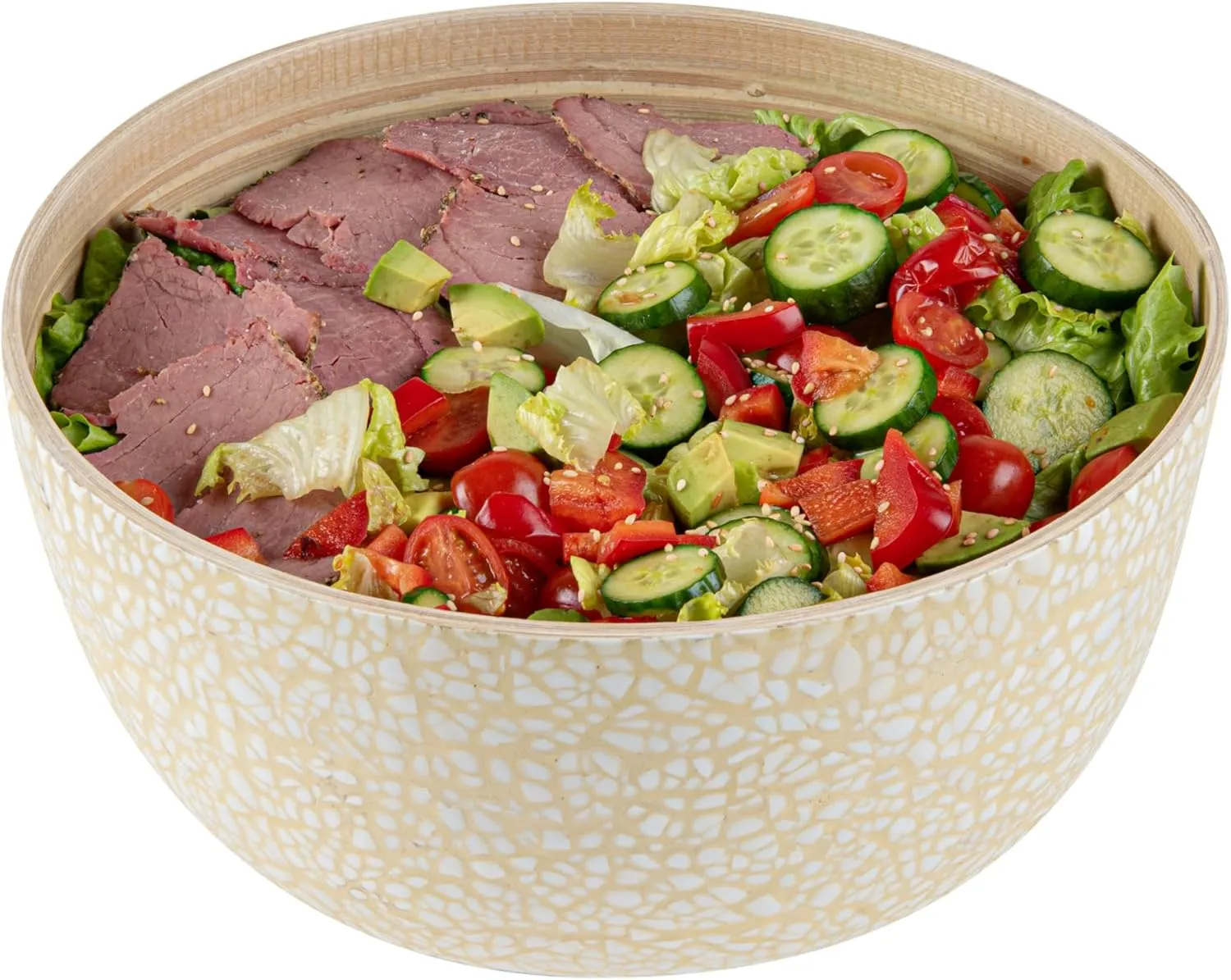 Restaurantware-Bambuddha 30 Ounce Large Salad Bowl, 1 Heavy-duty Round Salad Bowl - Sustainable, Reusable, Beige Bamboo Serving Bowl, Eggshell Print, For Serving Salads, Fruits, And Appetizers