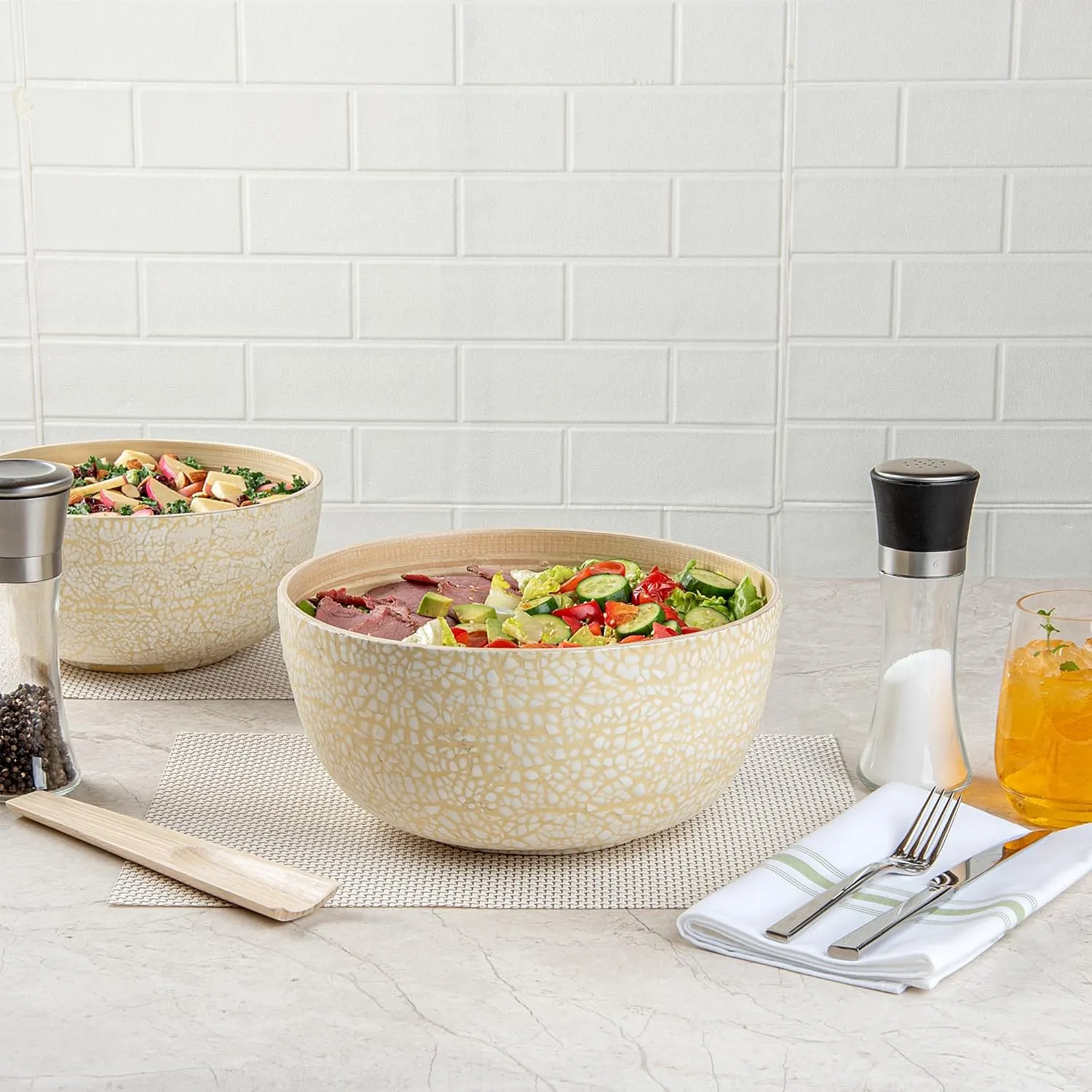 Restaurantware-Bambuddha 30 Ounce Large Salad Bowl, 1 Heavy-duty Round Salad Bowl - Sustainable, Reusable, Beige Bamboo Serving Bowl, Eggshell Print, For Serving Salads, Fruits, And Appetizers