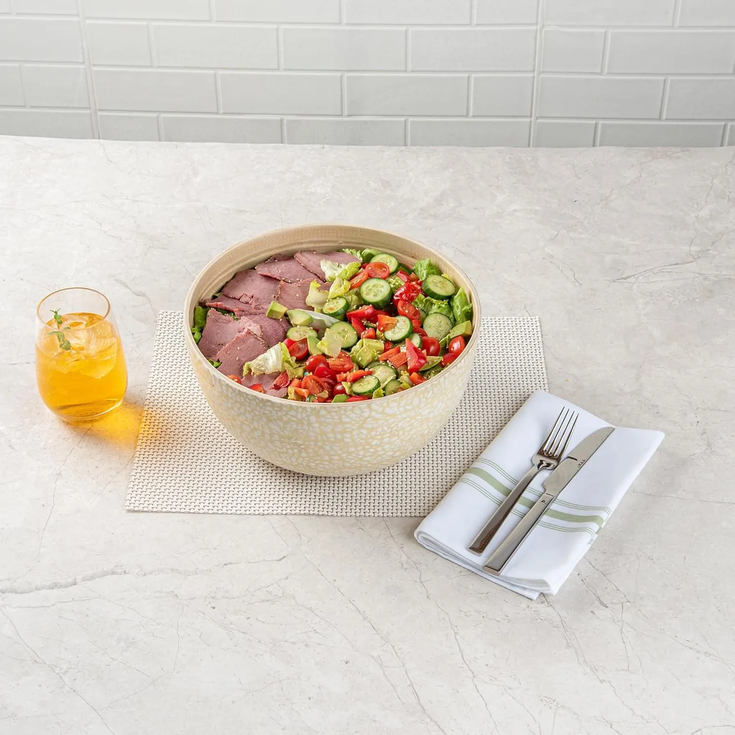 Restaurantware-Bambuddha 30 Ounce Large Salad Bowl, 1 Heavy-duty Round Salad Bowl - Sustainable, Reusable, Beige Bamboo Serving Bowl, Eggshell Print, For Serving Salads, Fruits, And Appetizers