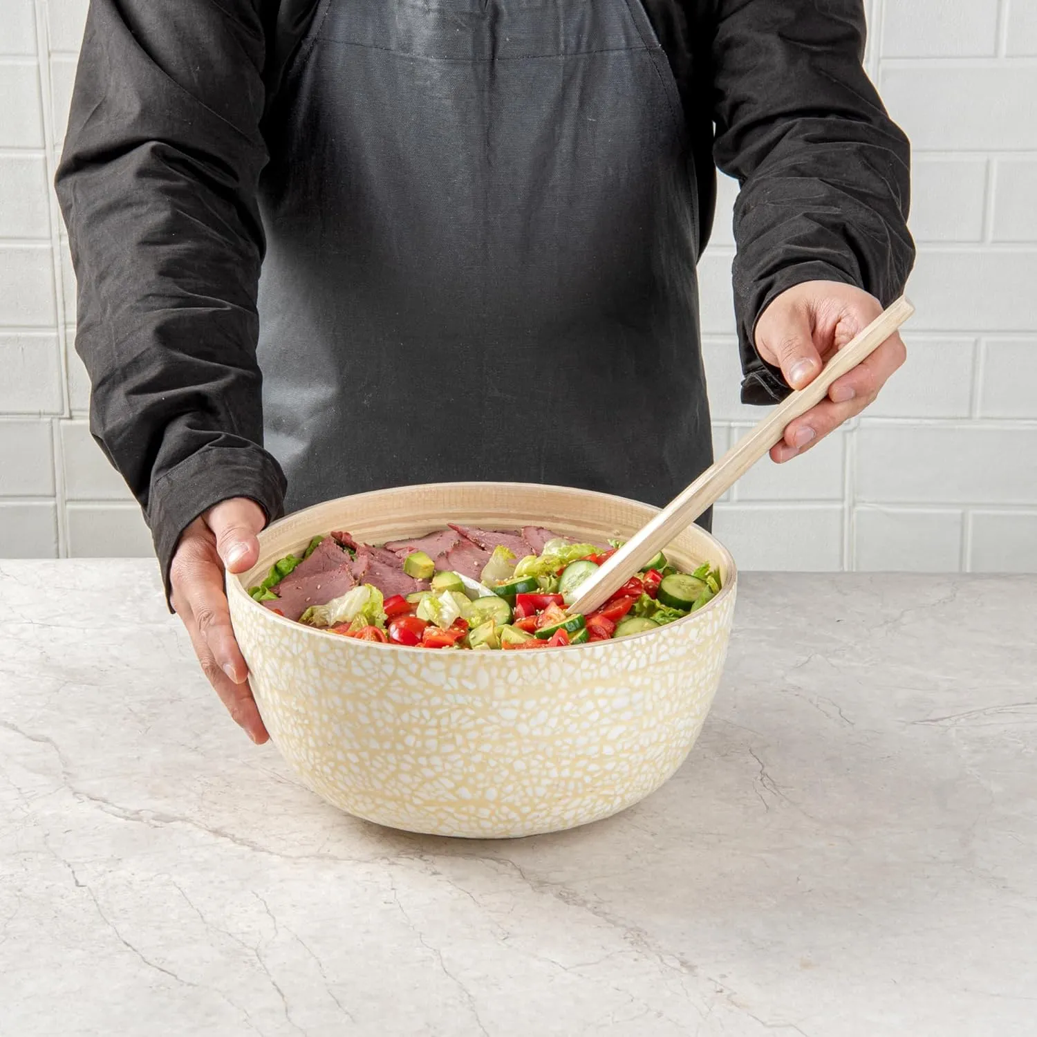 Restaurantware-Bambuddha 30 Ounce Large Salad Bowl, 1 Heavy-duty Round Salad Bowl - Sustainable, Reusable, Beige Bamboo Serving Bowl, Eggshell Print, For Serving Salads, Fruits, And Appetizers