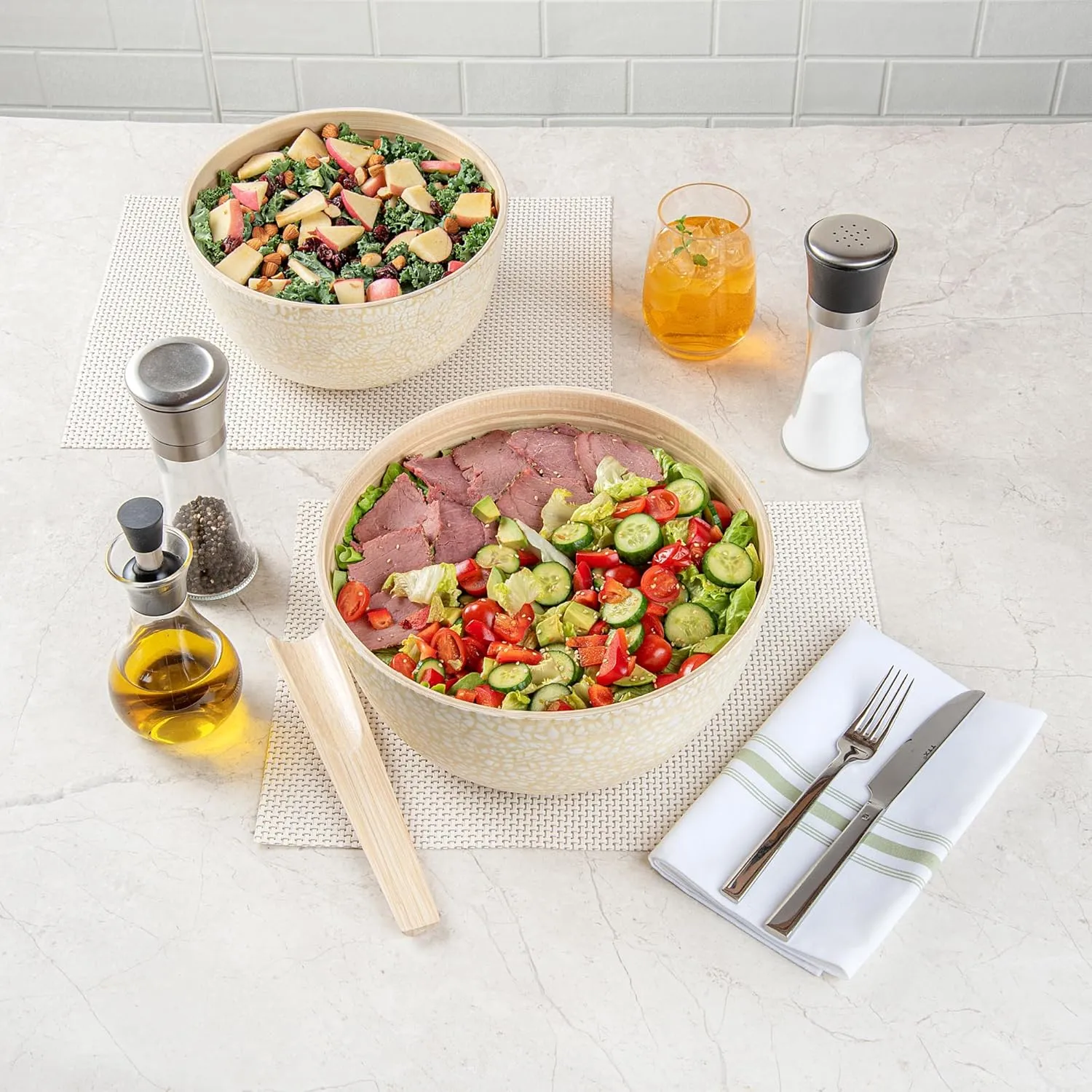 Restaurantware-Bambuddha 30 Ounce Large Salad Bowl, 1 Heavy-duty Round Salad Bowl - Sustainable, Reusable, Beige Bamboo Serving Bowl, Eggshell Print, For Serving Salads, Fruits, And Appetizers