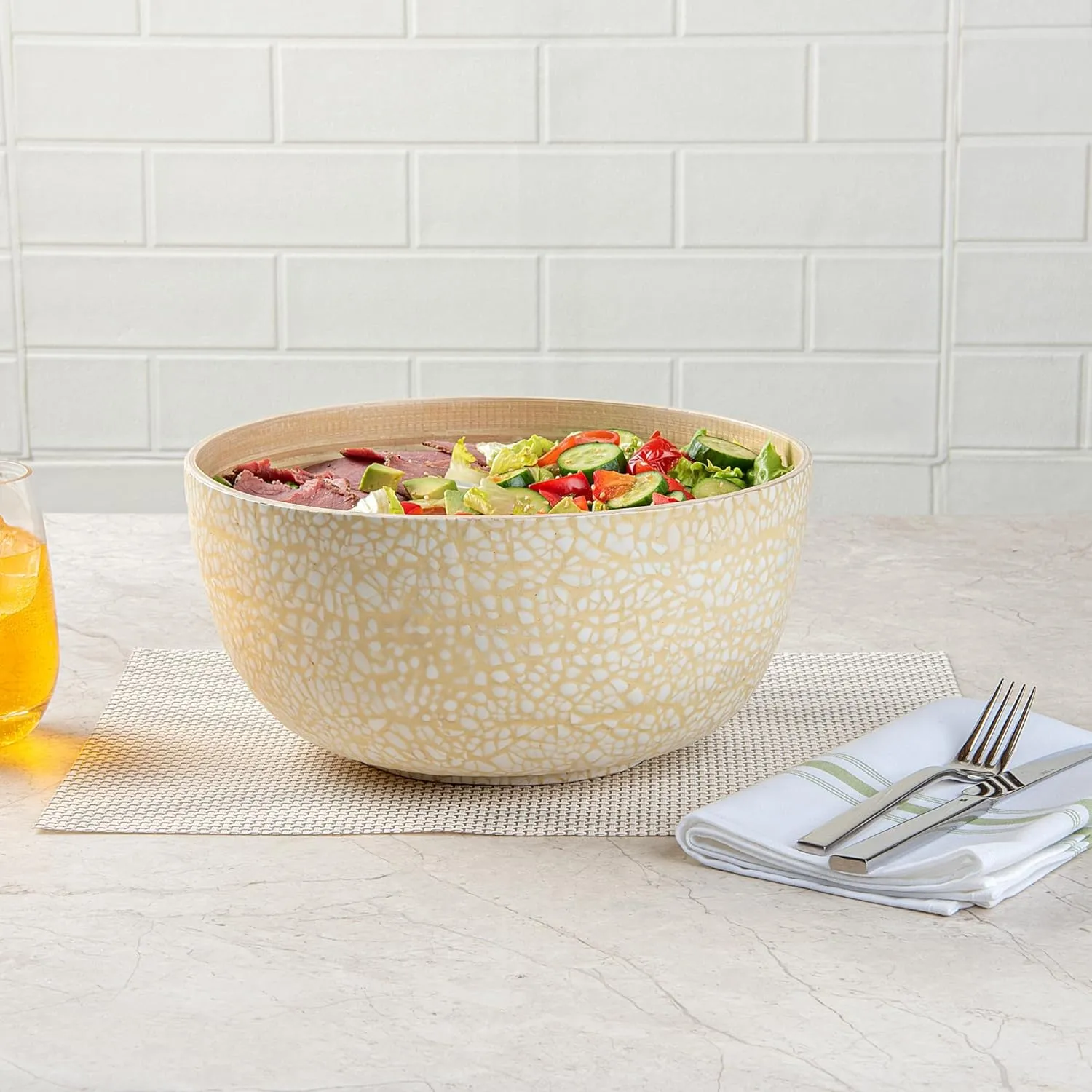 Restaurantware-Bambuddha 30 Ounce Large Salad Bowl, 1 Heavy-duty Round Salad Bowl - Sustainable, Reusable, Beige Bamboo Serving Bowl, Eggshell Print, For Serving Salads, Fruits, And Appetizers