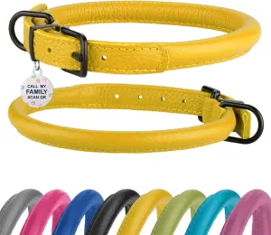 Rolled Leather Dog Collar Soft Round Collars, ID Tag for Small Medium Large Dogs (16-20 inch, Yellow)