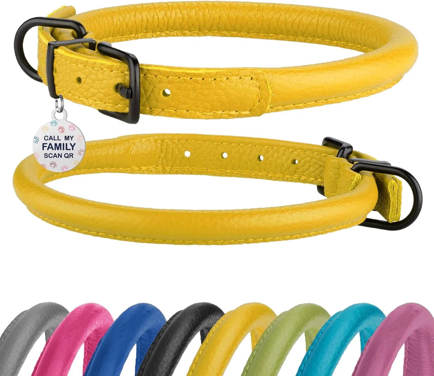 Rolled Leather Dog Collar Soft Round Collars, ID Tag for Small Medium Large Dogs (16-20 inch, Yellow)