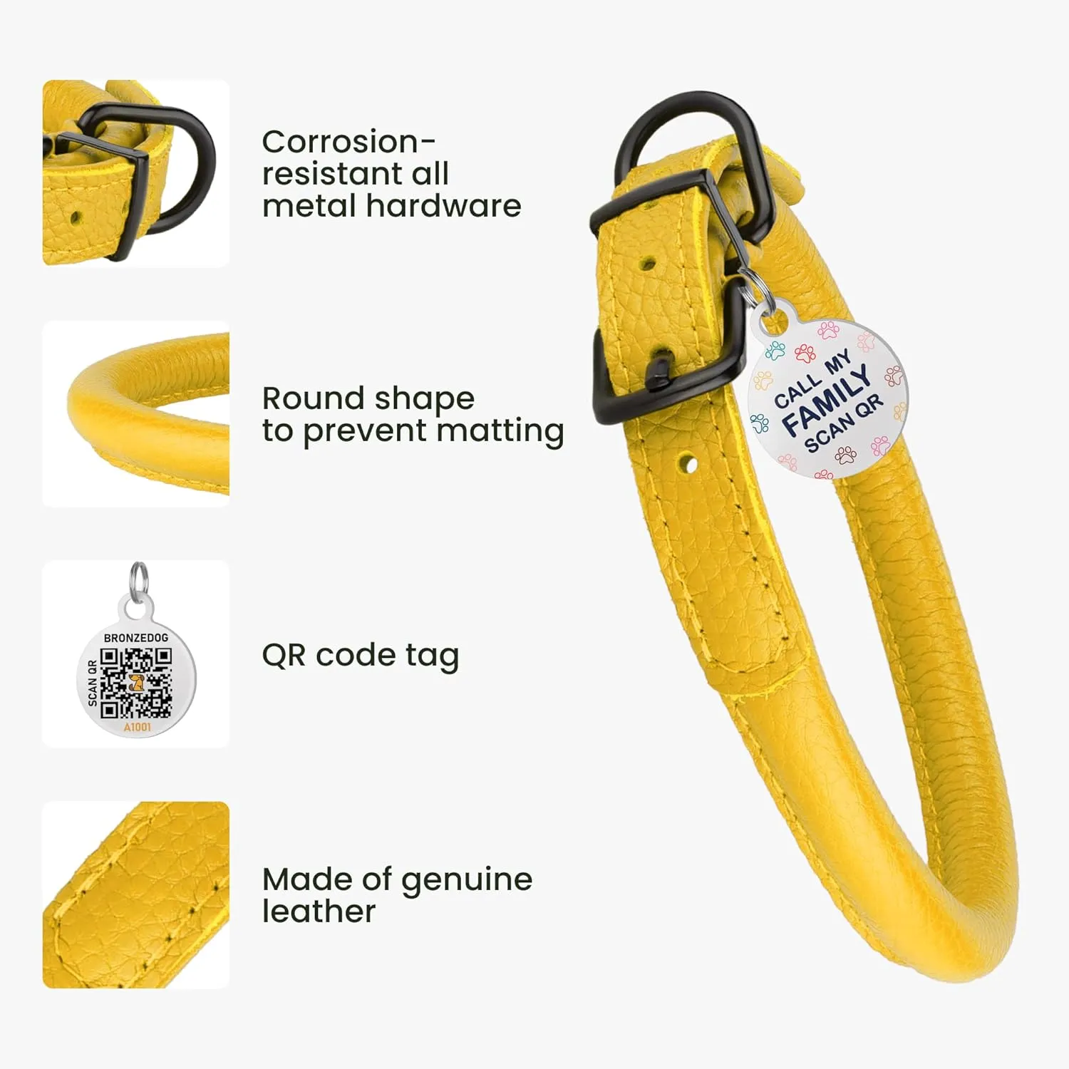 Rolled Leather Dog Collar Soft Round Collars, ID Tag for Small Medium Large Dogs (16-20 inch, Yellow)