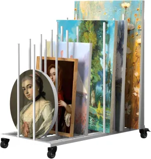 Rolling Art Canvas Storage Rack on Wheels, Adjustable Metal Framed Artwork Drying Holder, Large Vertical Picture Frame Display Stand for Painting Boards, Framed Picture, Shipping Box (White)