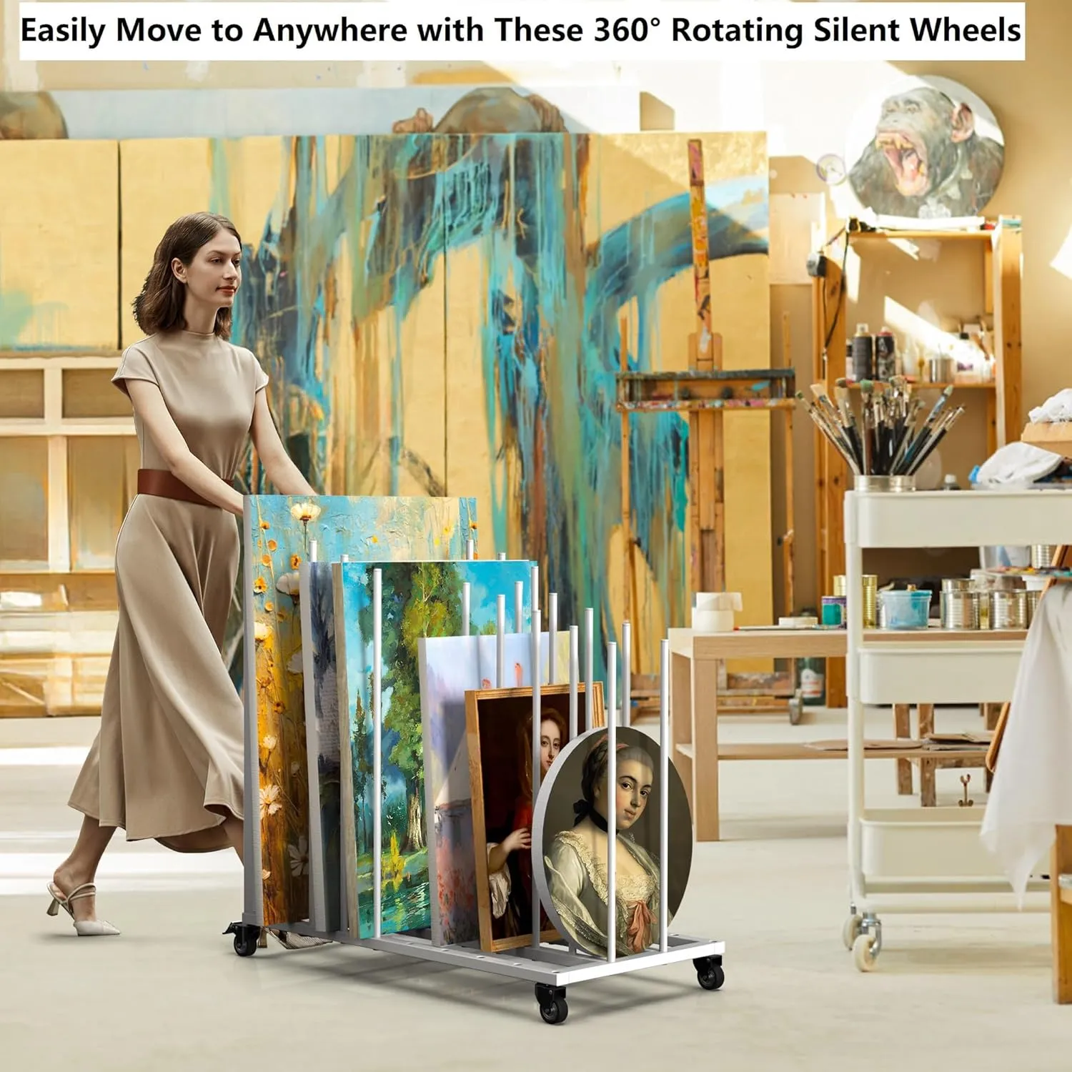 Rolling Art Canvas Storage Rack on Wheels, Adjustable Metal Framed Artwork Drying Holder, Large Vertical Picture Frame Display Stand for Painting Boards, Framed Picture, Shipping Box (White)