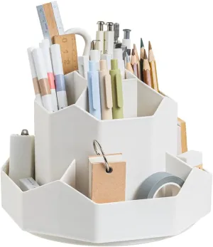 Rotating Art Supply Storage Organizer,Pencil Holder with 9 Compartment, Pen Storage Organizer, for Kids Art Desk, Homeschool Supplies, Home Office Desktop Organizer(White)