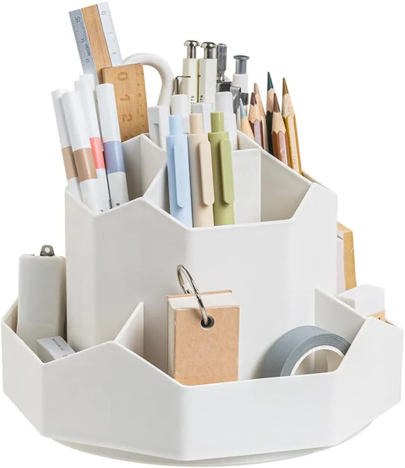 Rotating Art Supply Storage Organizer,Pencil Holder with 9 Compartment, Pen Storage Organizer, for Kids Art Desk, Homeschool Supplies, Home Office Desktop Organizer(White)