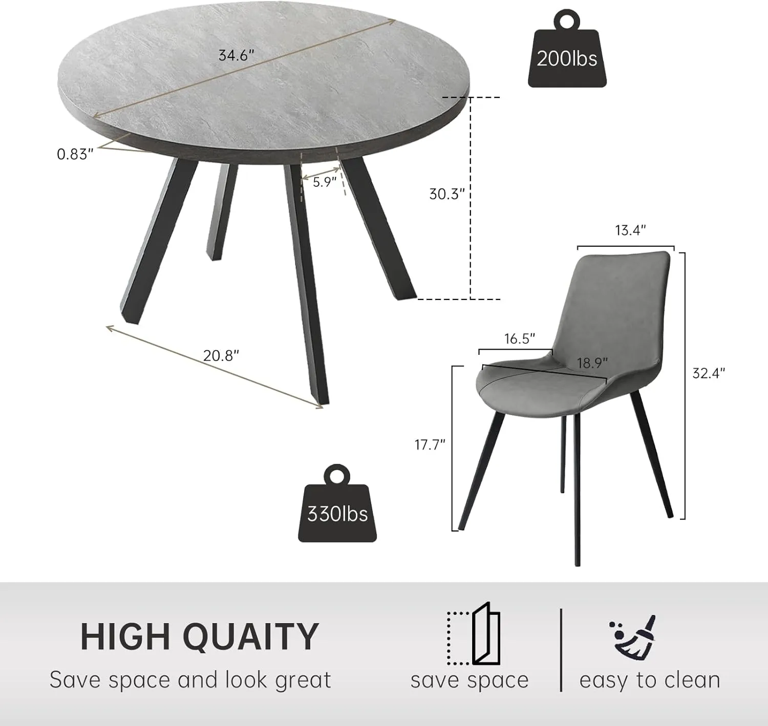 Round Dining Table Set, Mid Century Modern Small Round Dining Table Set, Saving Space (Table   2 Grey Chairs)