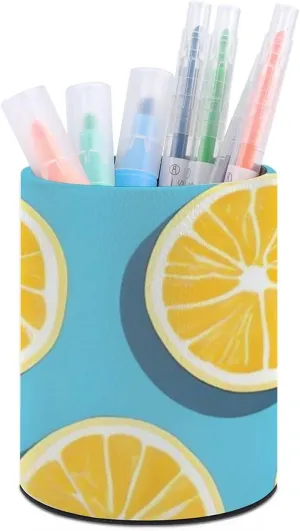 Round Pen Holder Pencil Holder Lemon Wedges Makeup Brush Holders Desk Pen Holder Leather Pencil Cup Desk Organizers Desktop Storage Modern Desk Accessories