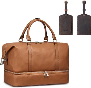 S-ZONE Genuine Leather Weekender Bag Carryon Overnight with 2 Pieces Leather Luggage Label Tags