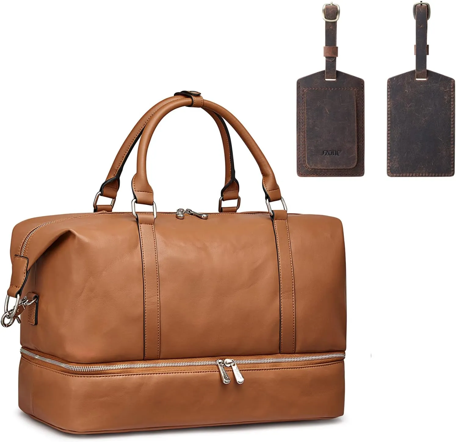 S-ZONE Genuine Leather Weekender Bag Carryon Overnight with 2 Pieces Leather Luggage Label Tags