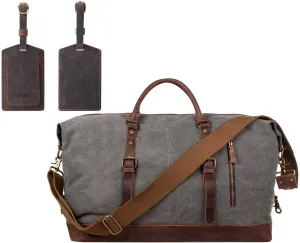 S-ZONE Oversized Leather Canvas Duffel Shoulder Weekender Mens Overnight Bag with Leather Luggage Tags