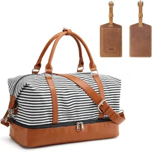 S-ZONE Women Canvas Weekender Bag Overnight 2 Sizes with Leather Luggage Label Tags