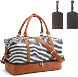 S-ZONE Women Canvas Weekender Bag Overnight 2 Sizes with Leather Luggage Label Tags