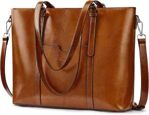 S-ZONE Women Genuine Leather Laptop Tote Bag Shoulder Handbags 15.6 Inch Purse