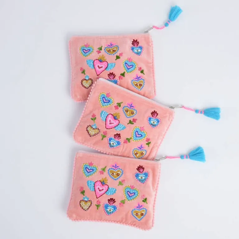 Sacred Hearts Embroidered Pink Velvet Zipper Pouch