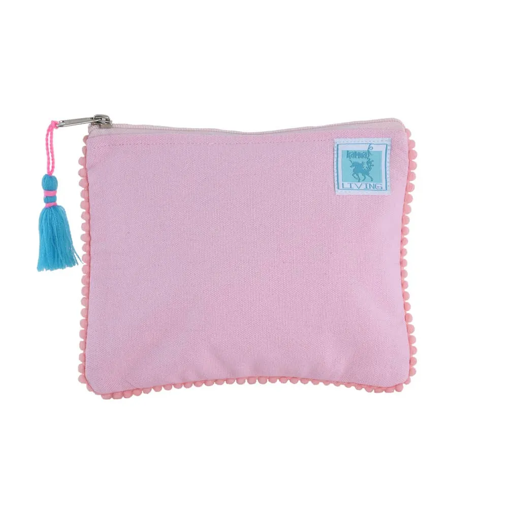 Sacred Hearts Embroidered Pink Velvet Zipper Pouch