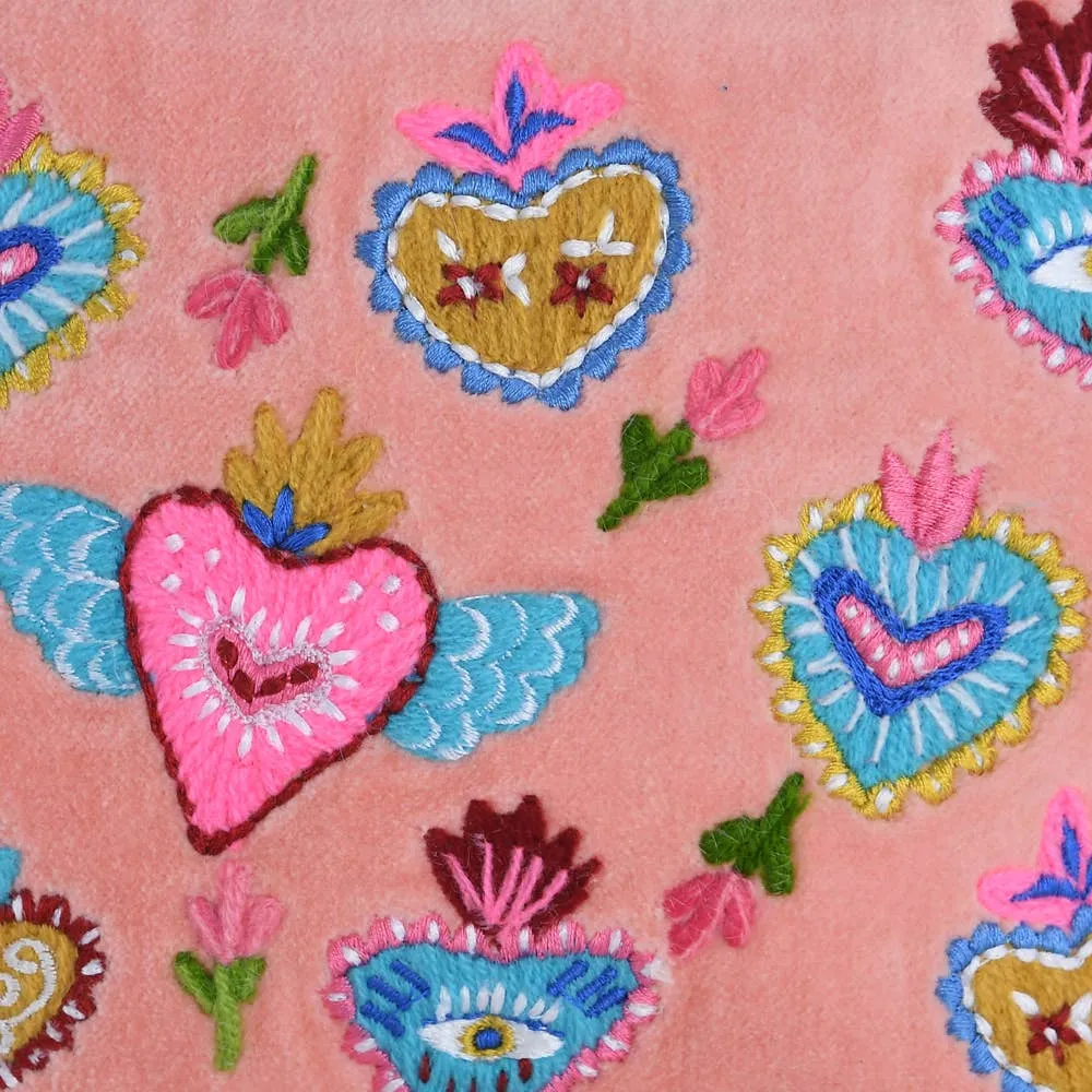 Sacred Hearts Embroidered Pink Velvet Zipper Pouch