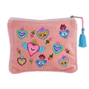 Sacred Hearts Embroidered Pink Velvet Zipper Pouch