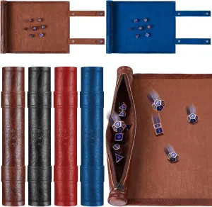 Sadnyy 4 Pcs Dice Mat Dice Tray Rolling Mat with Zipper PU Leather Folding Scroll Dice Bag Polyhedral Dice Storage for Dice Table Christmas Game Accessories, Black Red Blue Brown