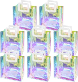 Saintrygo Holographic Iridescent Bags Small Birthday Gift Container, 8. 3 x 8 x 4 Inch Clear Reusable Gift Tote Bags PVC Wrap with Handle for Valentine Wedding Birthday Shopping Travel Party(8 Pcs)