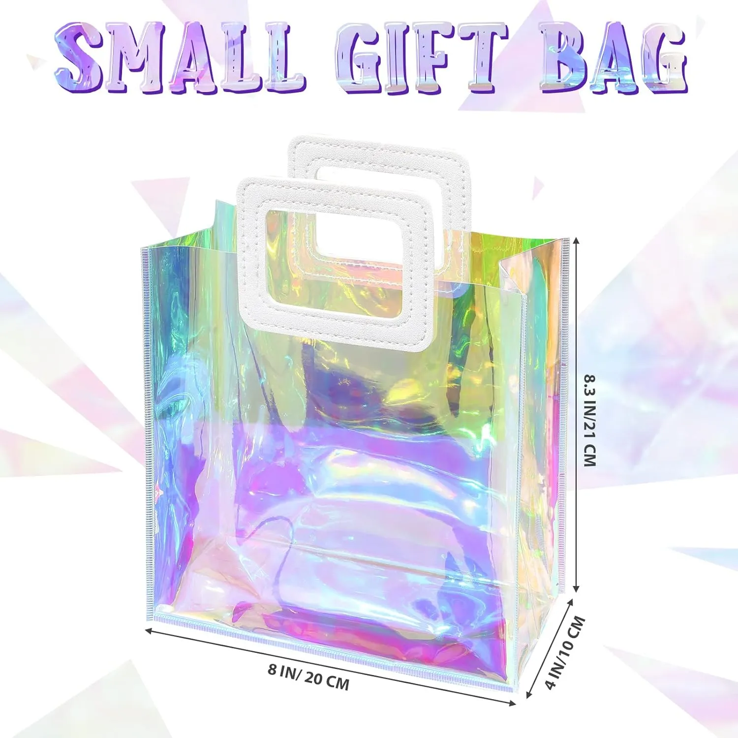 Saintrygo Holographic Iridescent Bags Small Birthday Gift Container, 8. 3 x 8 x 4 Inch Clear Reusable Gift Tote Bags PVC Wrap with Handle for Valentine Wedding Birthday Shopping Travel Party(8 Pcs)