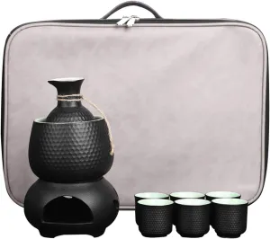 Sake Cup Set*9 Pcs Sake Set and Cups, with Warmer and Sake Storage Bag, Traditional Porcelain Japanese Pottery Hot Saki Drink, Include 1 Sake Pot, 6 Cups, 1 Heating Stove, 1 Warming Bowl Mugs