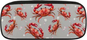 Seafood Marine Crabs Cherry Flowers Pencil Bags Leather Pen Case Cosmetic Makeup Bag Small Stationery Pouch Cases