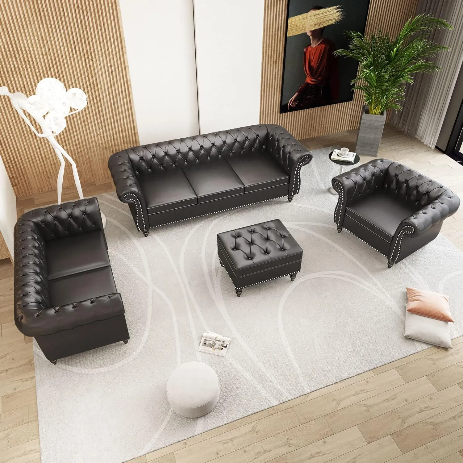 Sectional Modular Couches, PU Leather Modular Sofa Furniture Set Tufted Cushion Suitable for Small Space Configuration Sofa, Office Meeting Room Couch (PU Black, 1-2-3)