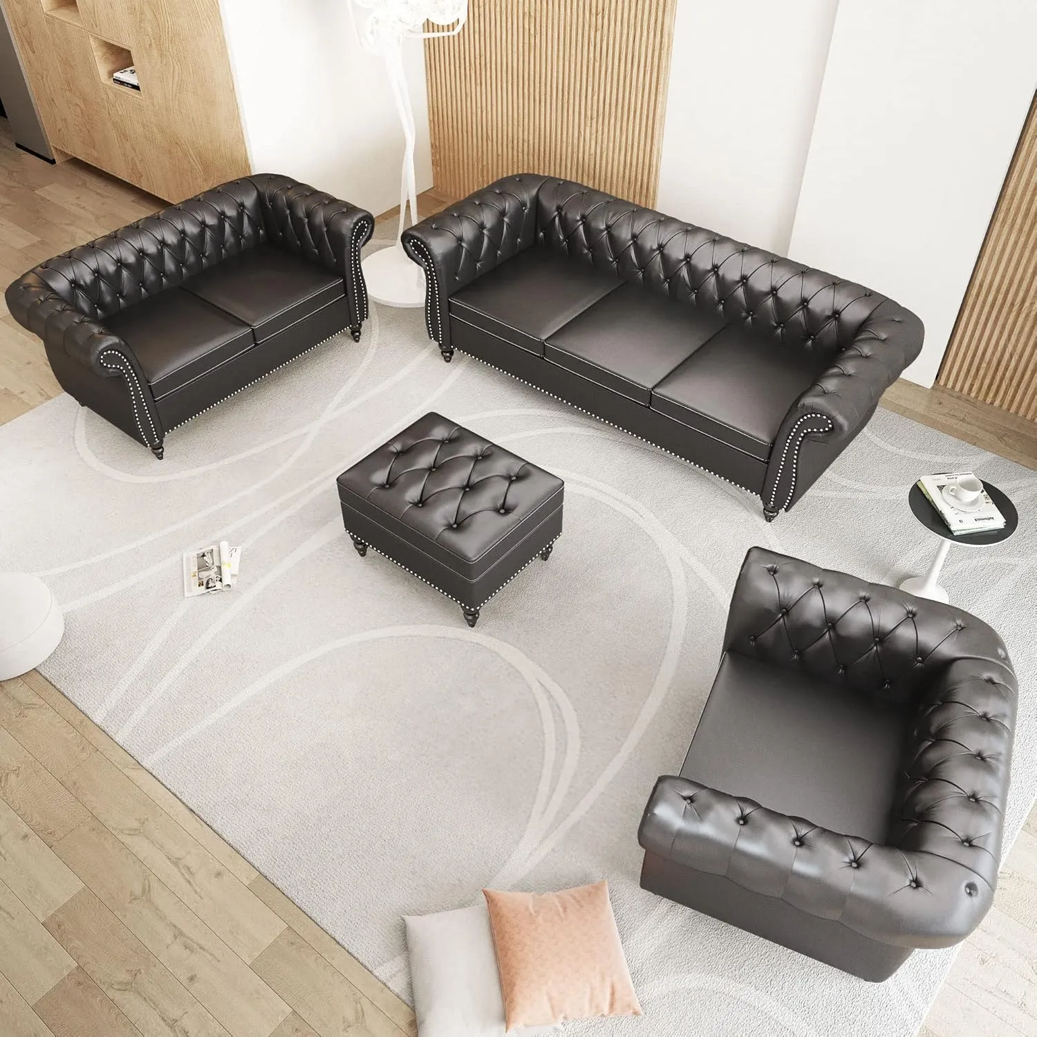 Sectional Modular Couches, PU Leather Modular Sofa Furniture Set Tufted Cushion Suitable for Small Space Configuration Sofa, Office Meeting Room Couch (PU Black, 1-2-3)