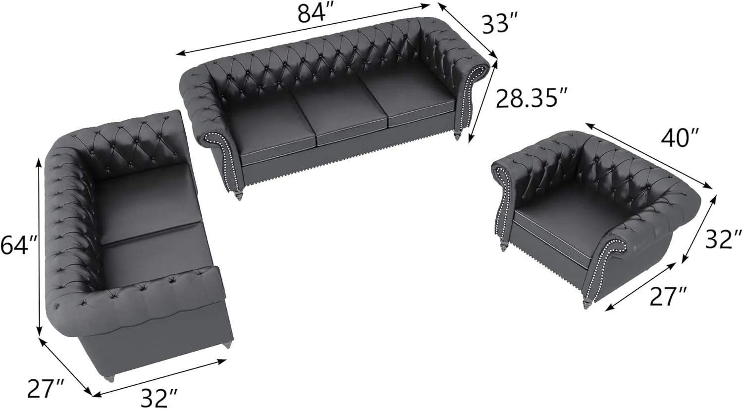Sectional Modular Couches, PU Leather Modular Sofa Furniture Set Tufted Cushion Suitable for Small Space Configuration Sofa, Office Meeting Room Couch (PU Black, 1-2-3)