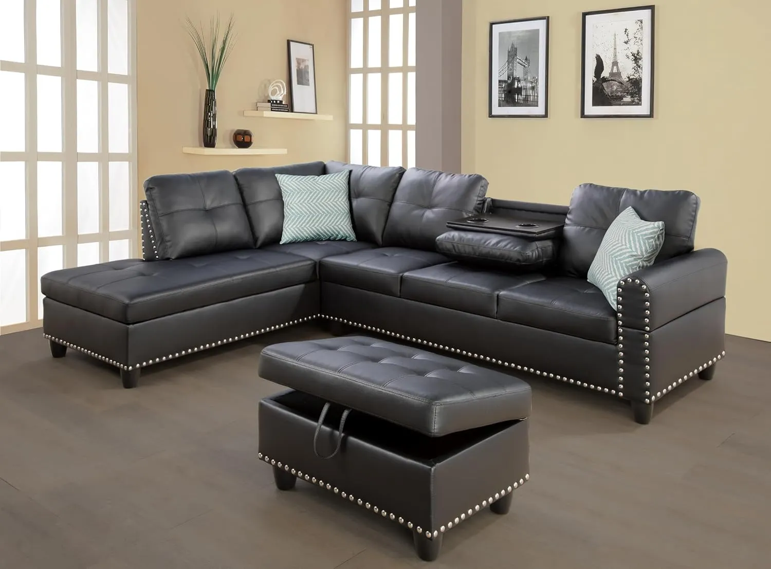 Sectional Sofa Couch, Modern 4-Seaters Living Room Furniture Sets with Chaise Lounge, Ottoman & 2 Pillows | L Shape Couch | Cup Holder | Faux PU Leather, Black