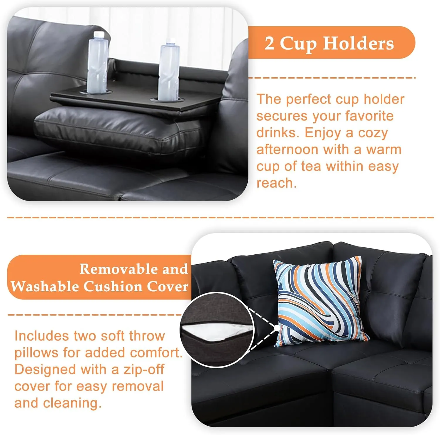 Sectional Sofa Couch, Modern 4-Seaters Living Room Furniture Sets with Chaise Lounge, Ottoman & 2 Pillows | L Shape Couch | Cup Holder | Faux PU Leather, Black