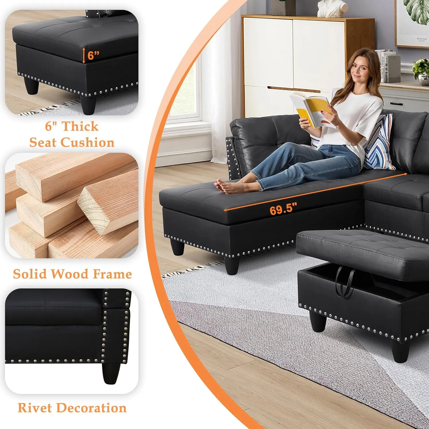Sectional Sofa Couch, Modern 4-Seaters Living Room Furniture Sets with Chaise Lounge, Ottoman & 2 Pillows | L Shape Couch | Cup Holder | Faux PU Leather, Black