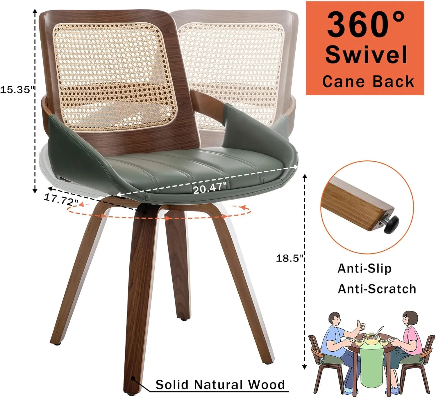 Set of 2 Green Rattan Dining Chairs - Mid Century Modern Dining Chairs with Walnut Bentwood Frame, Ergonomic Rattan Back, Curved Arms, Versatile for Living Room/Conference/Kitchen (Walnut Green)