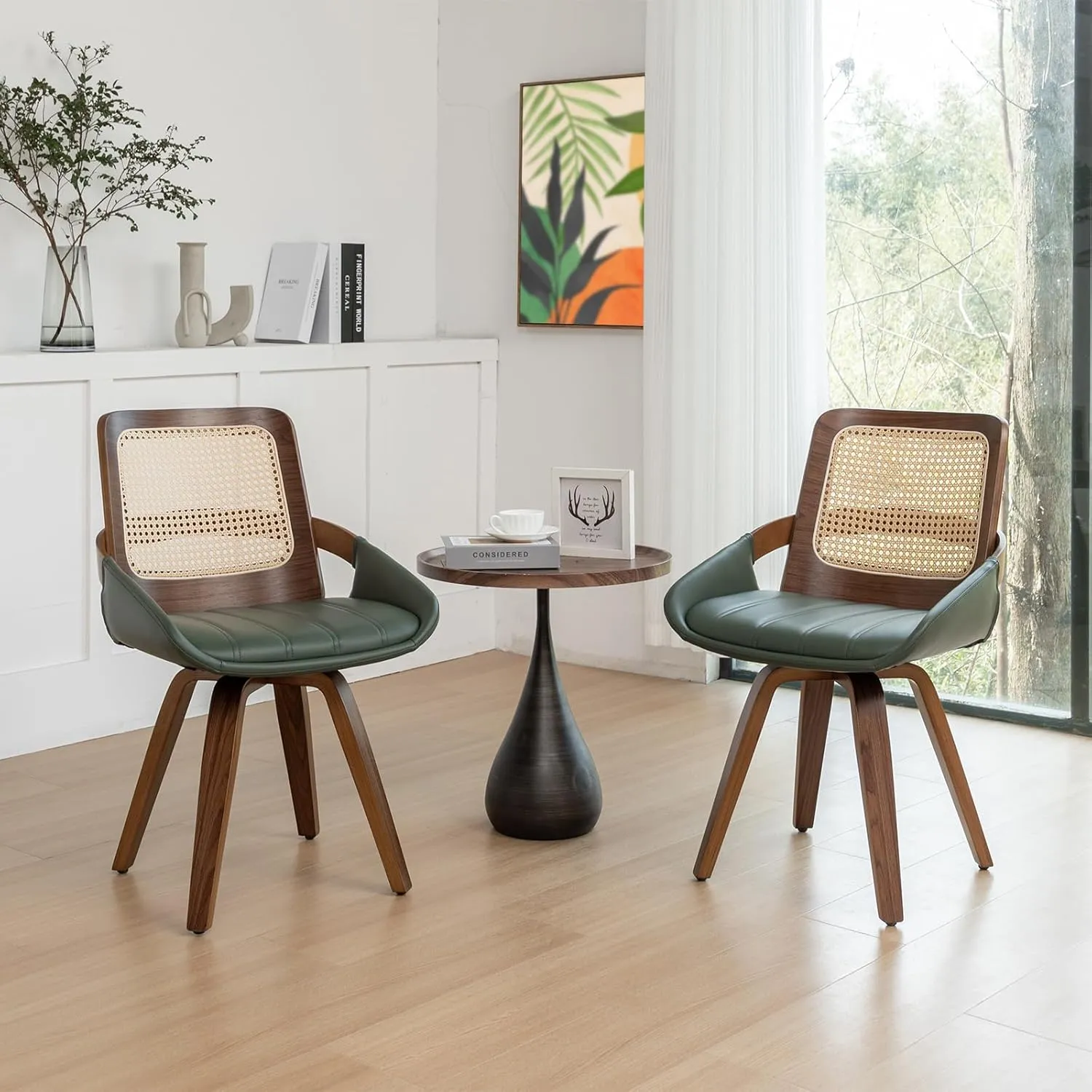 Set of 2 Green Rattan Dining Chairs - Mid Century Modern Dining Chairs with Walnut Bentwood Frame, Ergonomic Rattan Back, Curved Arms, Versatile for Living Room/Conference/Kitchen (Walnut Green)
