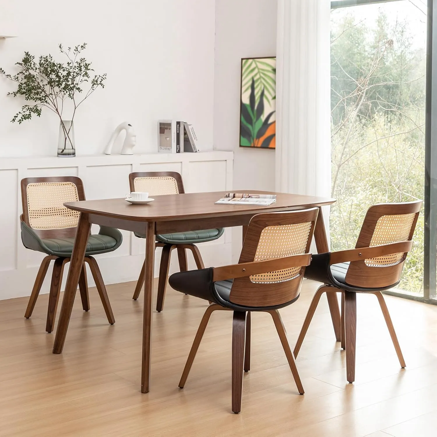 Set of 2 Green Rattan Dining Chairs - Mid Century Modern Dining Chairs with Walnut Bentwood Frame, Ergonomic Rattan Back, Curved Arms, Versatile for Living Room/Conference/Kitchen (Walnut Green)