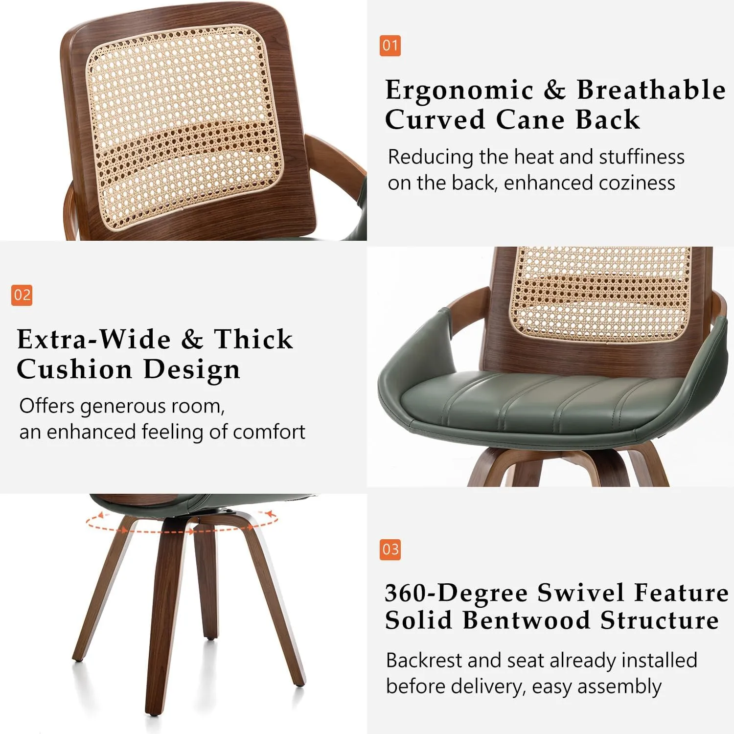 Set of 2 Green Rattan Dining Chairs - Mid Century Modern Dining Chairs with Walnut Bentwood Frame, Ergonomic Rattan Back, Curved Arms, Versatile for Living Room/Conference/Kitchen (Walnut Green)